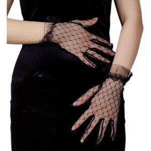 Women's #6 Black Short Floral Evening Sheer Gloves Bridal Wedding Party Tea